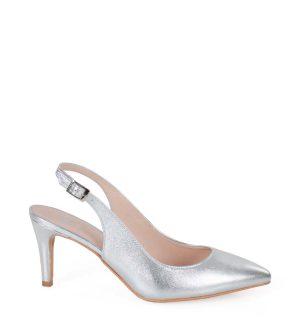 POLA - serbrne szpilki na niskim obcasie z odkrytą piętą - bokiem