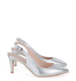 POLA - serbrne szpilki na niskim obcasie z odkrytą piętą - bokiem