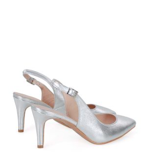 POLA - serbrne szpilki na niskim obcasie z odkrytą piętą - po skosie