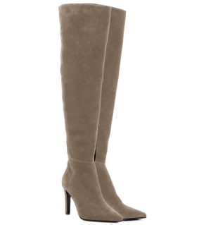 ASTRID - beżowe kozaki muszkieterki za kolano na szpilce - po skosie