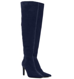 ASTRID - granatowe kozaki muszkieterki za kolano na szpilce - po skosie