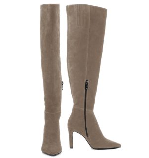 ASTRID - beżowe kozaki muszkieterki za kolano na szpilce - z przodu