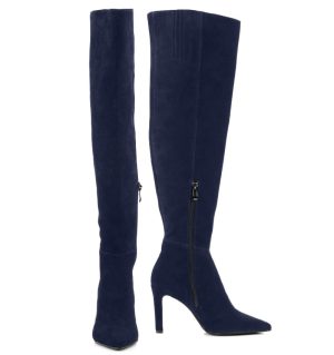 ASTRID - granatowe kozaki muszkieterki za kolano na szpilce - z przodu