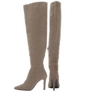 ASTRID - beżowe kozaki muszkieterki za kolano na szpilce - z tyłu