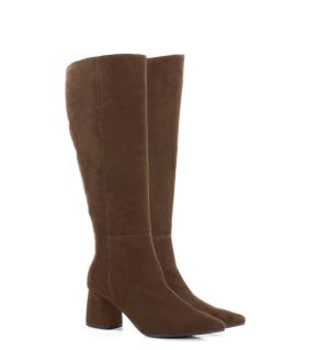 AURORA - Ciemno brązowe kozaki na grubym słupku - po skosie