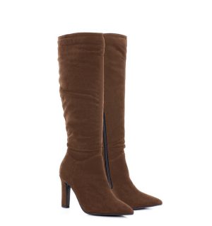 ROSE - ciemno brązowe kozaki do kolana na cienkim słupku - po skosie