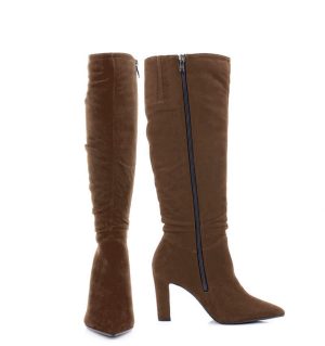 ROSE - ciemno brązowe kozaki do kolana na cienkim słupku - z przodu