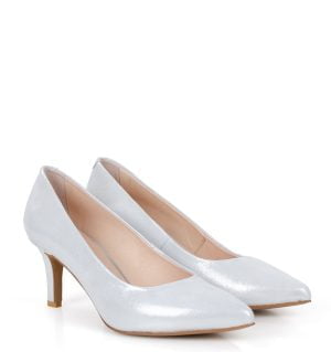 JOAN - Srebrne satynowane szpilki średni obcas - obrazek 3