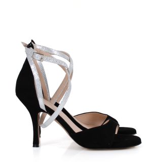 LOUISA - Czarne sandały na szpilce ze srebrnymi paskami - obrazek 2