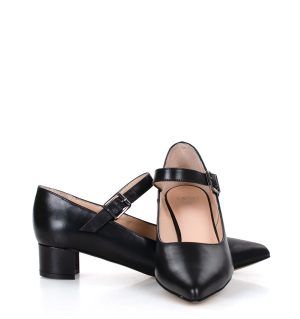 MARIA - czarne czółenka z paskiem na niskim obcasie licowa skóra - obrazek 7