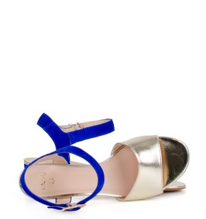 ESTERA - złoto niebieskie sandałki na niskim - obrazek 4