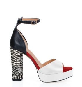 Sandały na grubej platformie, obcas 11,5 cm , biało czarne z czerwonym