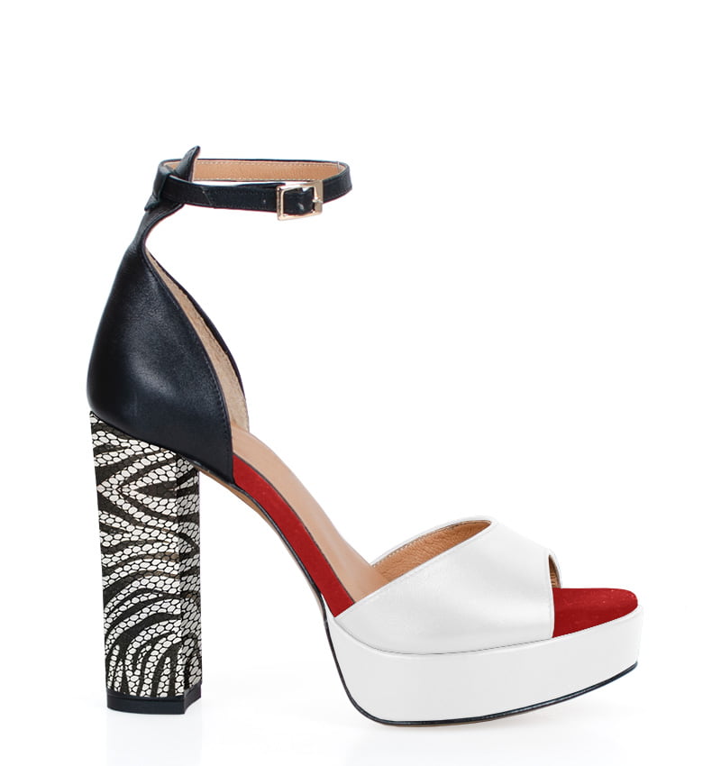 Sandały na grubej platformie, obcas 11,5 cm , biało czarne z czerwonym