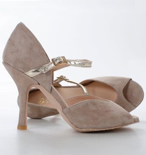 LOURDES - Beżowe sandałki do tańca ze złotym paskiem - obrazek 8
