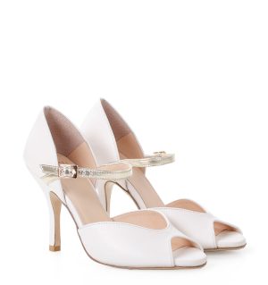 LOURDES - Jasnobeżowe sandałki do tańca ze złotym paskiem - obrazek 3