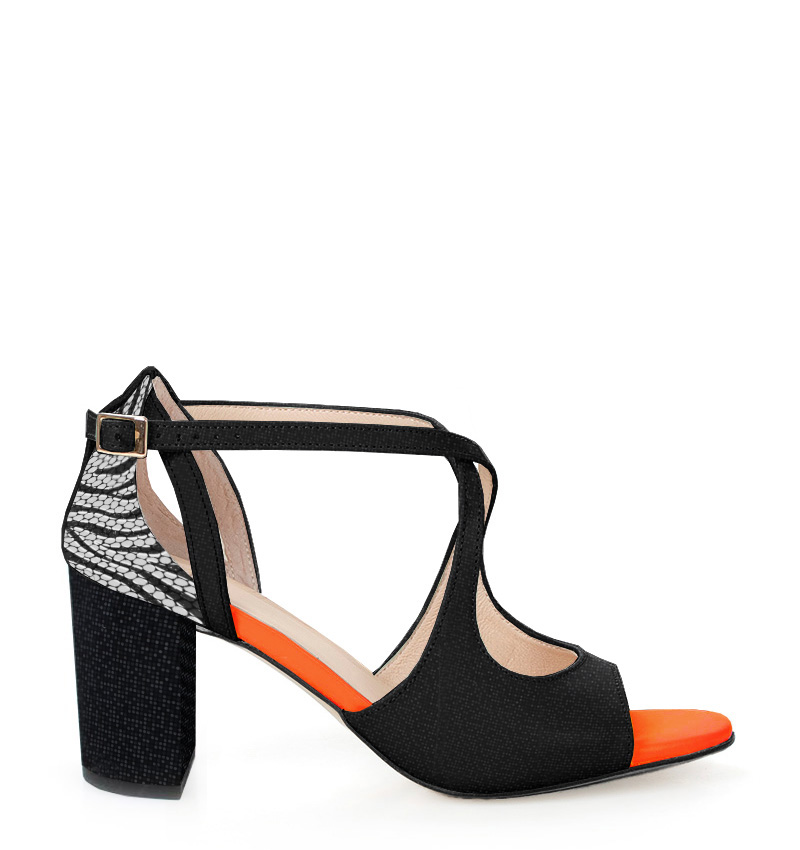 Carmelita-pomar-black ABRIL - czarne z pomarańczowym akcentem sandałki do tańca na słupku - obrazek 1